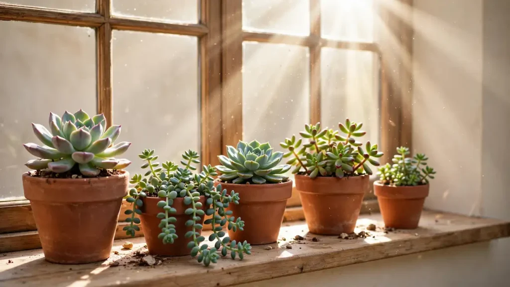 Bright windowsill is simplest way to hit 6+ hours light indoors for succulents - Echeveria Sedum and Haworthia thriving