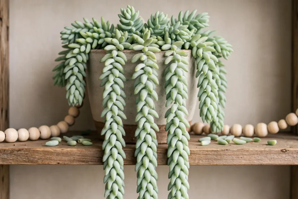 Burros Tail Sedum morganianum best trailing low light succulent - braided hanging strands spill over pot edge moderate shade tolerant