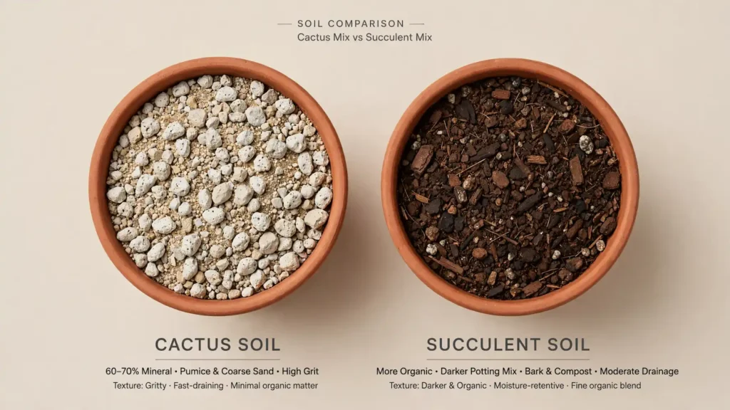 Cactus soil vs succulent soil side by side comparison - 60-70 percent mineral gritty cactus mix vs more organic succulent soil texture