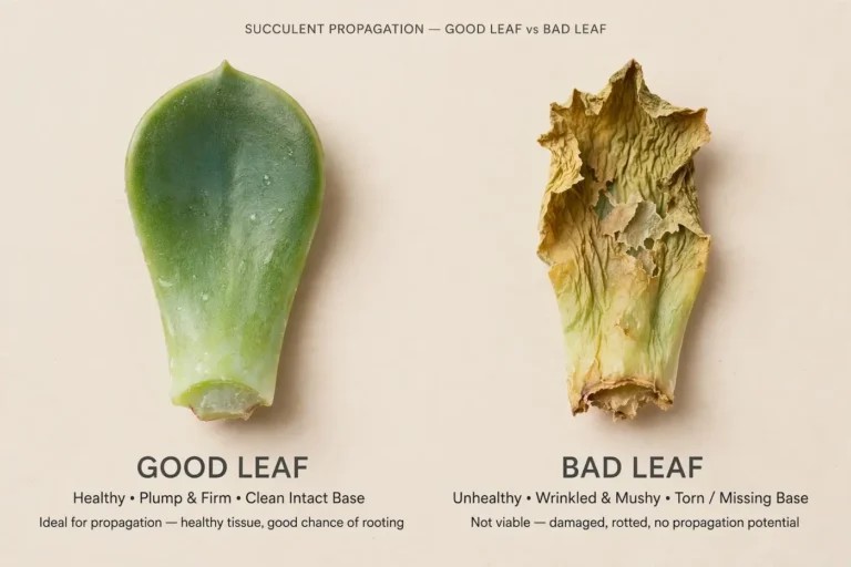 Good leaf vs bad leaf for succulent propagation - good whole with clean intact base plump firm vs bad torn ripped missing base thin yellow mushy