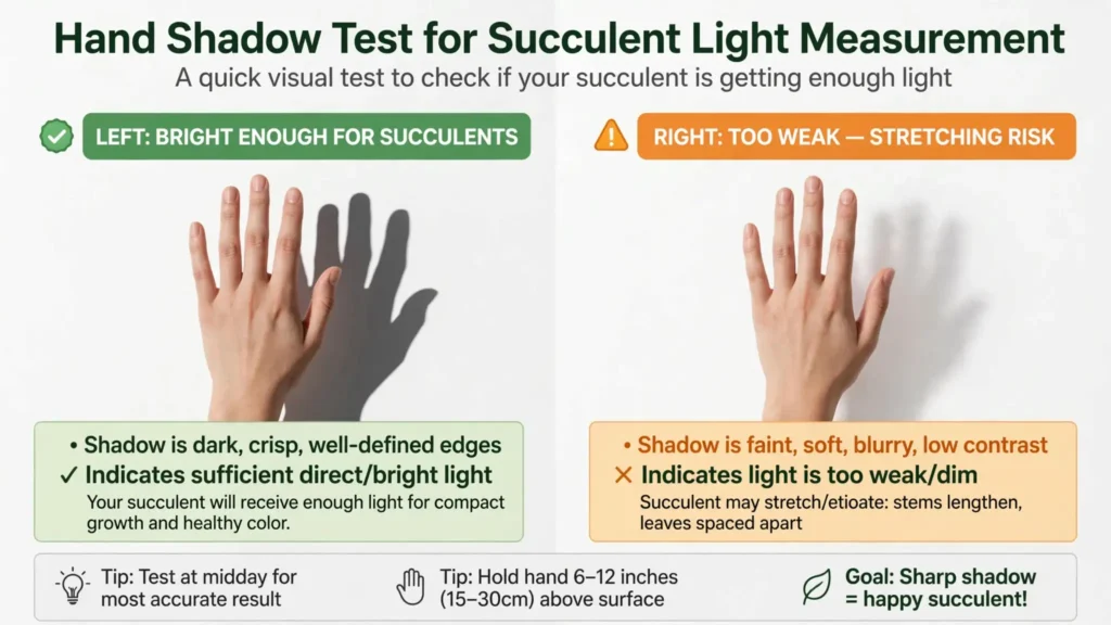 Hand shadow test for succulent light measurement - sharp crisp dark shadow bright enough vs faint soft blurry shadow too weak stretching risk