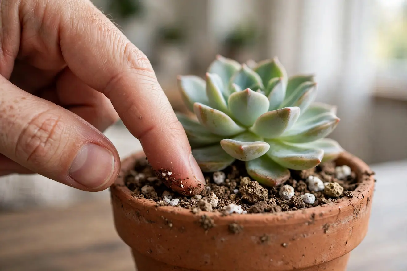 Hand checking if gritty cactus soil in a terracotta pot with a healthy Echeveria succulent is completely dry before watering