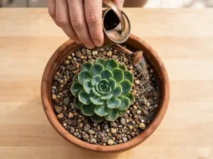 Top-down view of single hand watering succulent in terracotta pot with metal watering can on wooden table