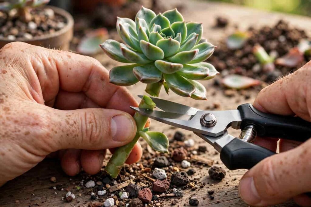 Cutting a healthy succulent stem just above a leaf with disinfected pruning shears at a slight angle