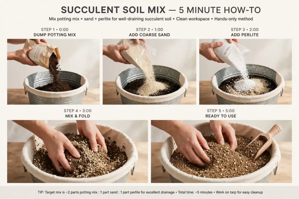 How to mix succulent soil step by step 5 minute how to - dump potting mix add coarse sand perlite mix and fold