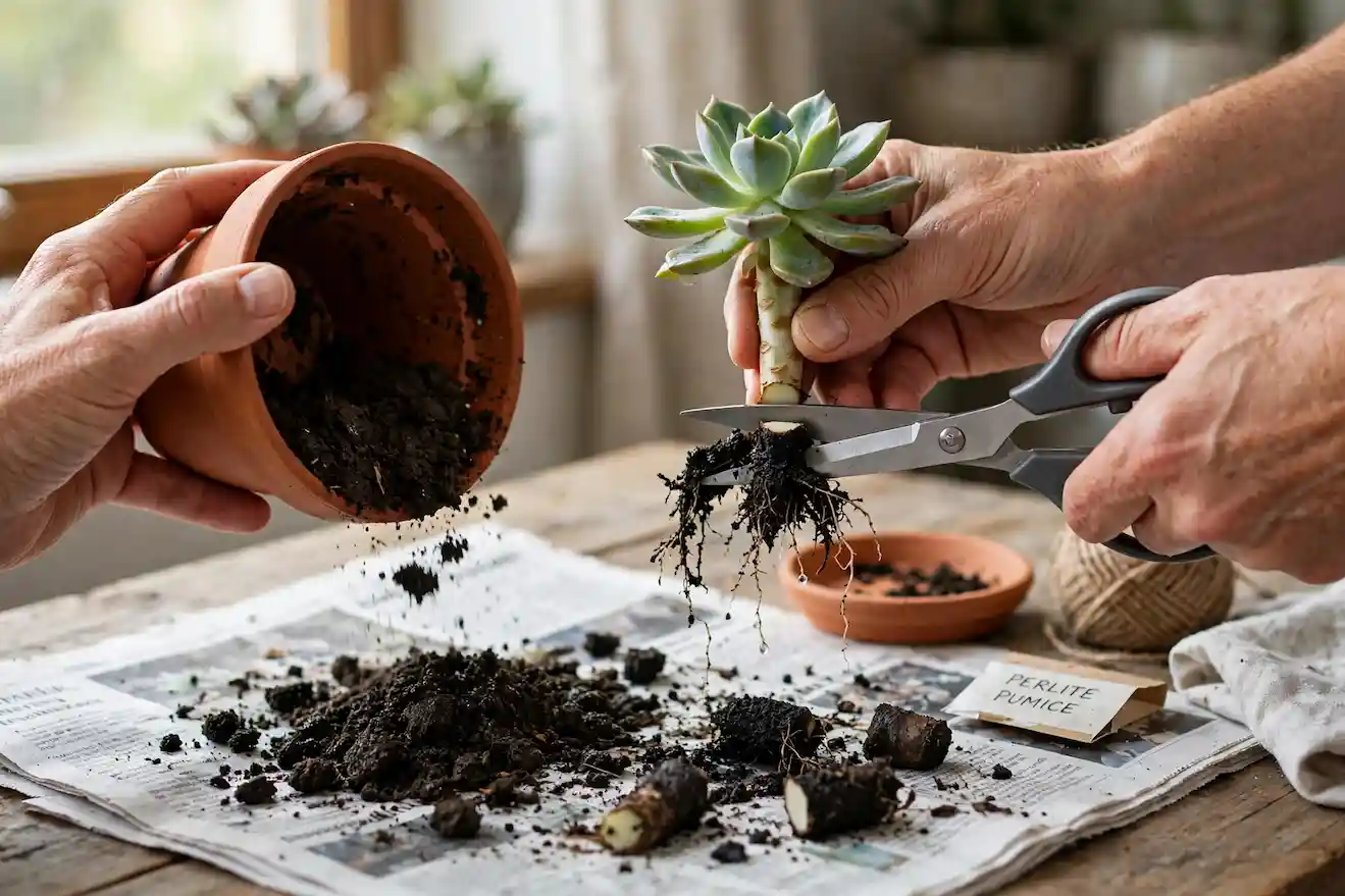 Hands unpotting an overwatered succulent with wet soggy soil and trimming black mushy rotten roots to firm tissue with clean sharp scissors on newspaper