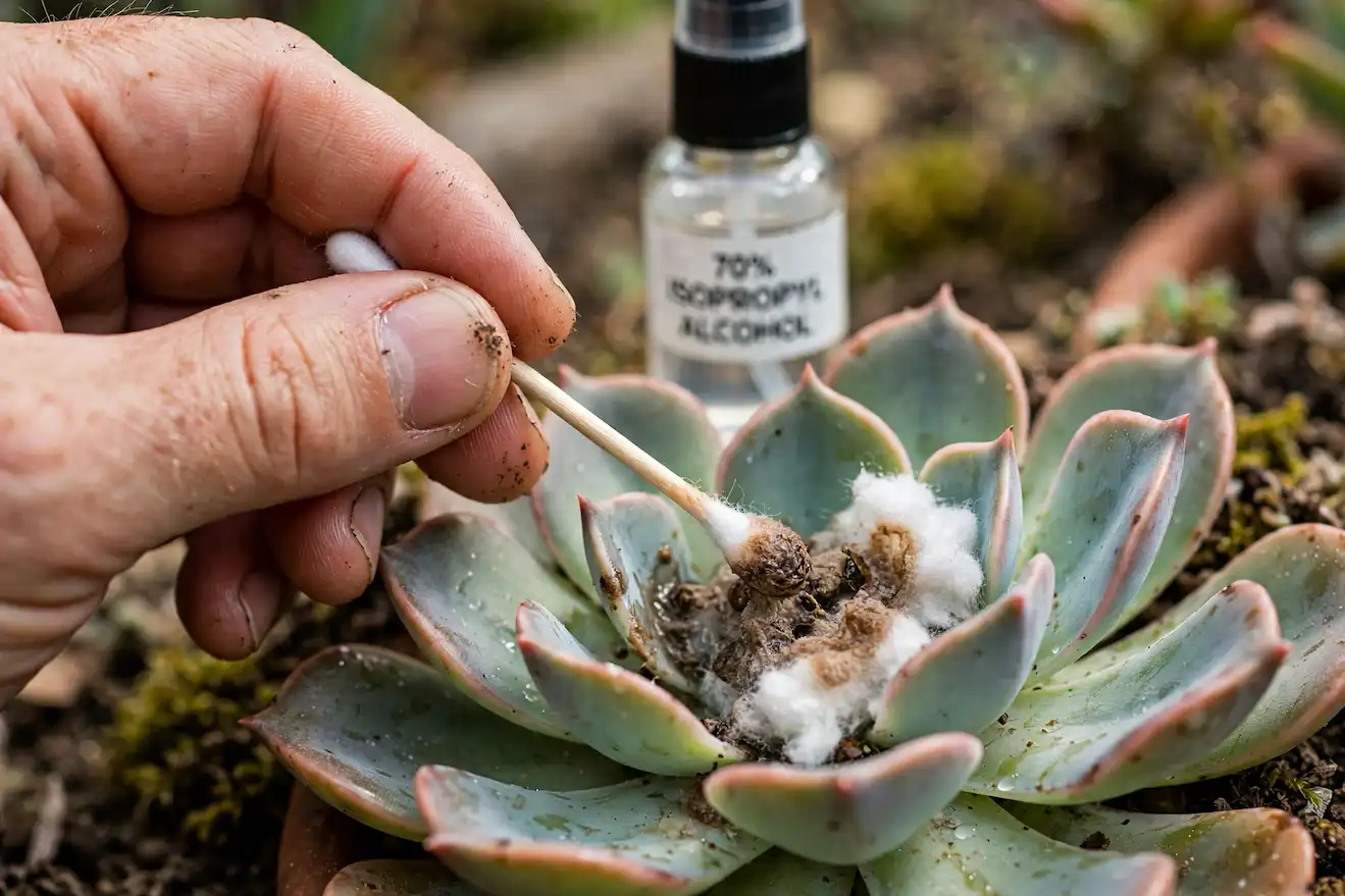 Gardener's hand treating mealybugs on Echeveria succulent with cotton swab dipped in 70 percent isopropyl alcohol bottle in background - white cottony masses turning brown