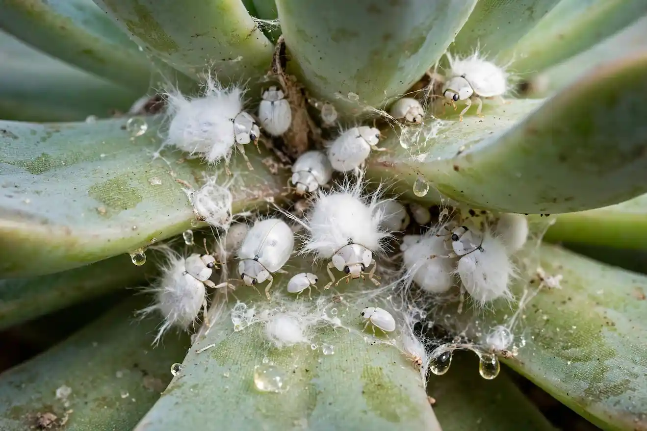 Extreme macro of mealybugs on succulent showing soft white fluffy cottony bodies and webbing tucked in leaf crevices where leaves meet stem