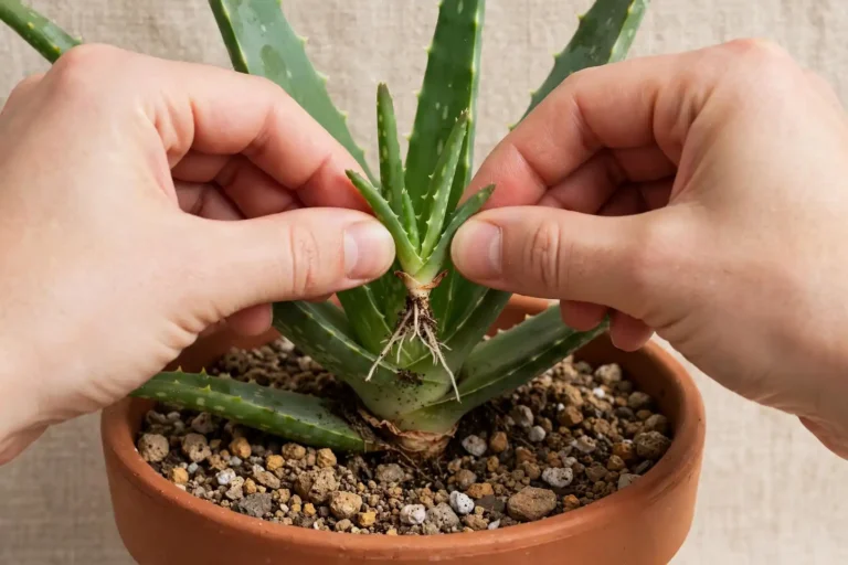 Method 3 succulent offsets pups propagation - Aloe vera mother plant with small pup offset being gently separated with white roots attached in gritty soil terracotta pot