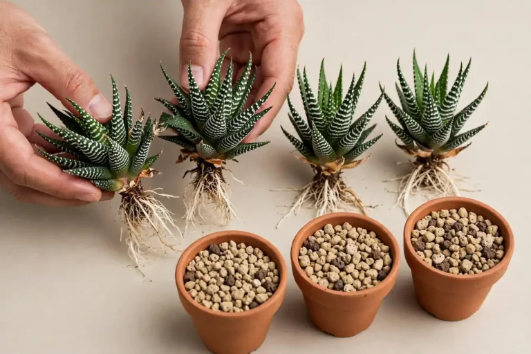Method 4 succulent division propagation - Haworthia Zebra clump divided into 4 rooted plants with hands separating and terracotta pots with gritty pumice soil