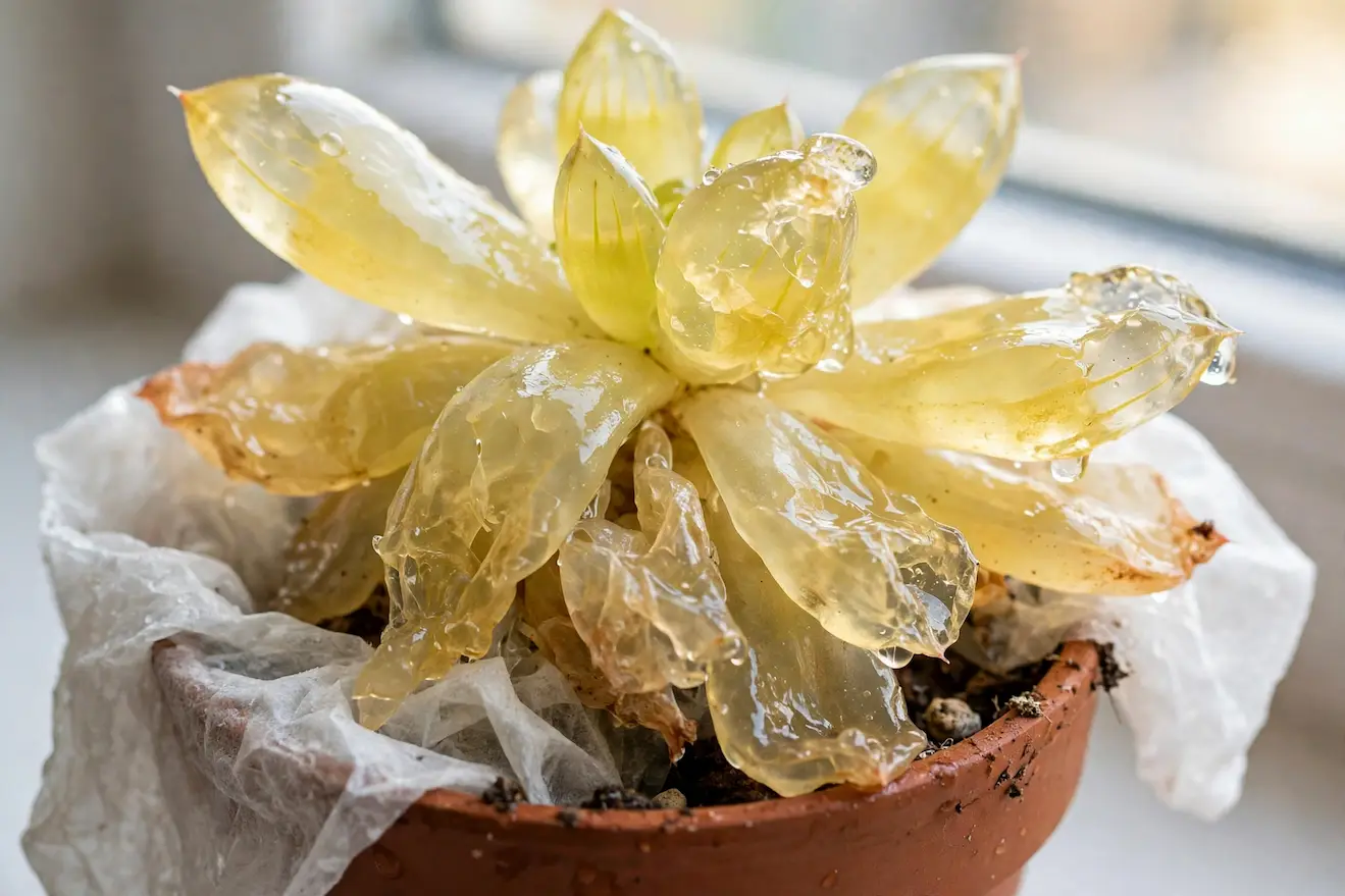 Close-up of mushy translucent glassy yellow squishy overwatered succulent leaves in terracotta pot showing classic overwatering symptom