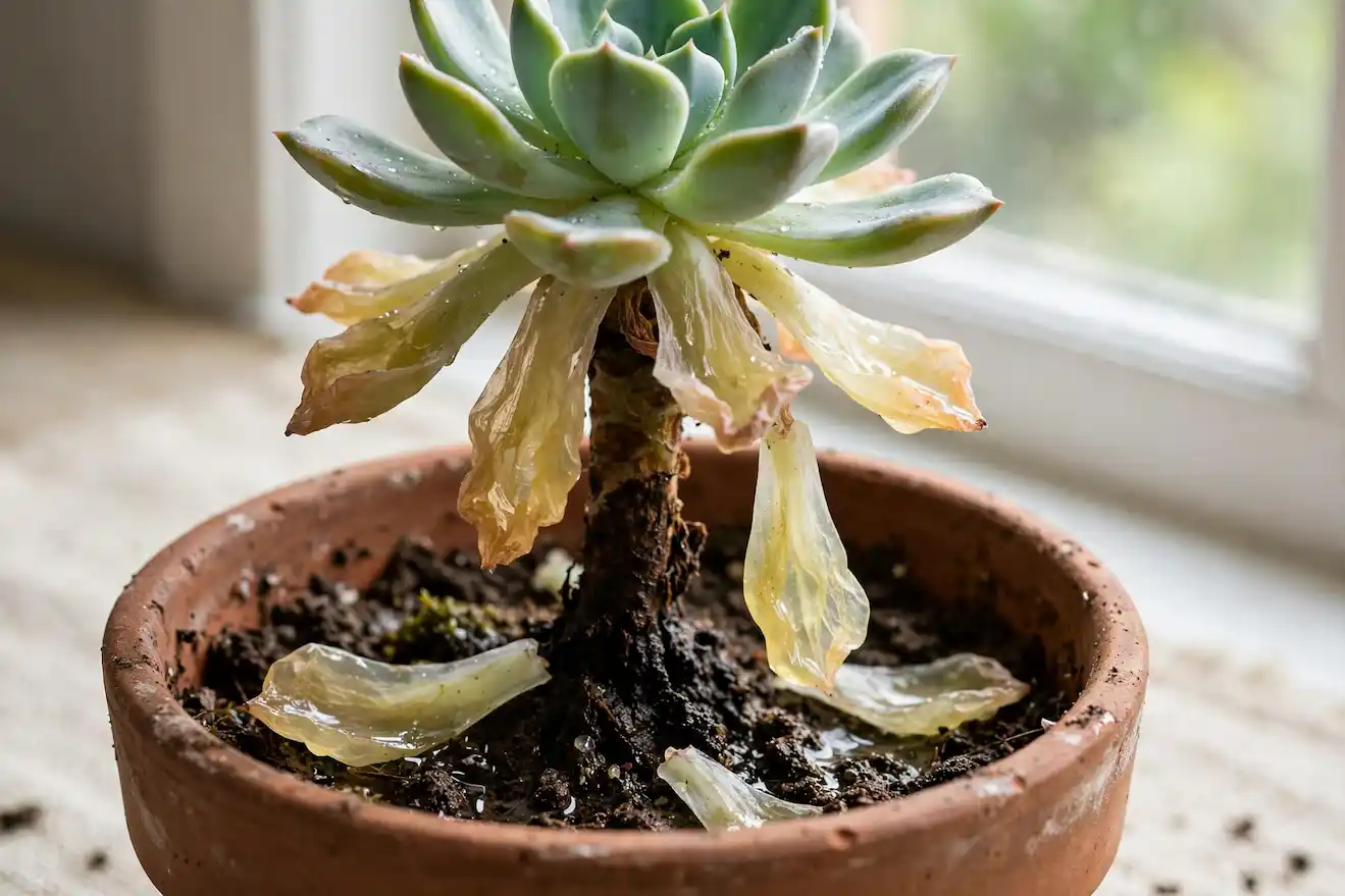 Overwatered Echeveria succulent in terracotta pot dropping mushy yellow translucent bottom leaves with darkened stem base from root rot