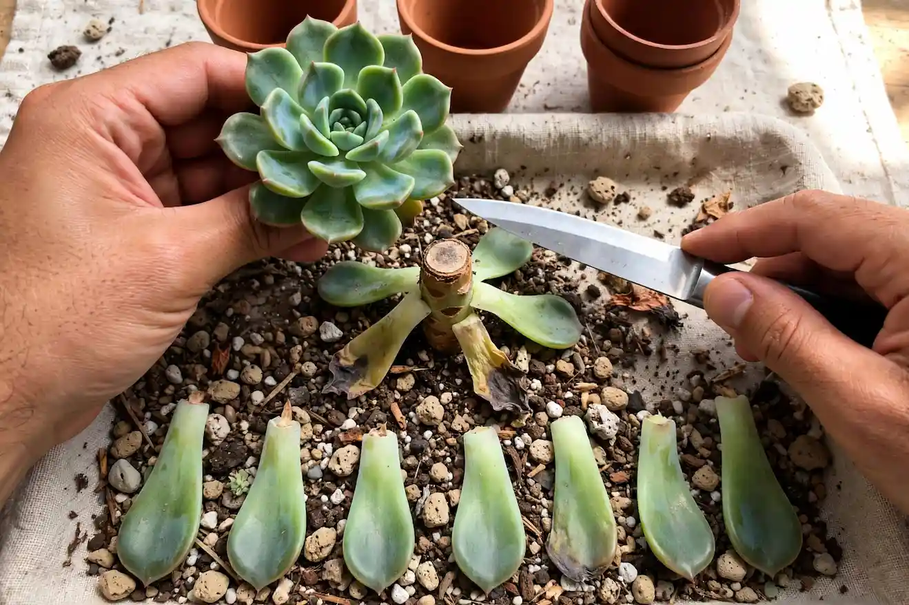 Beheading an overwatered succulent to save it - hands holding healthy top rosette cut above rot with firm leaves laid on dry gritty soil mix to callus and propagate
