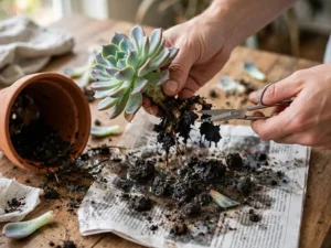 Hands rescuing overwatered succulent triage unpotting Echeveria with soggy wet soil and trimming black mushy roots with scissors on newspaper