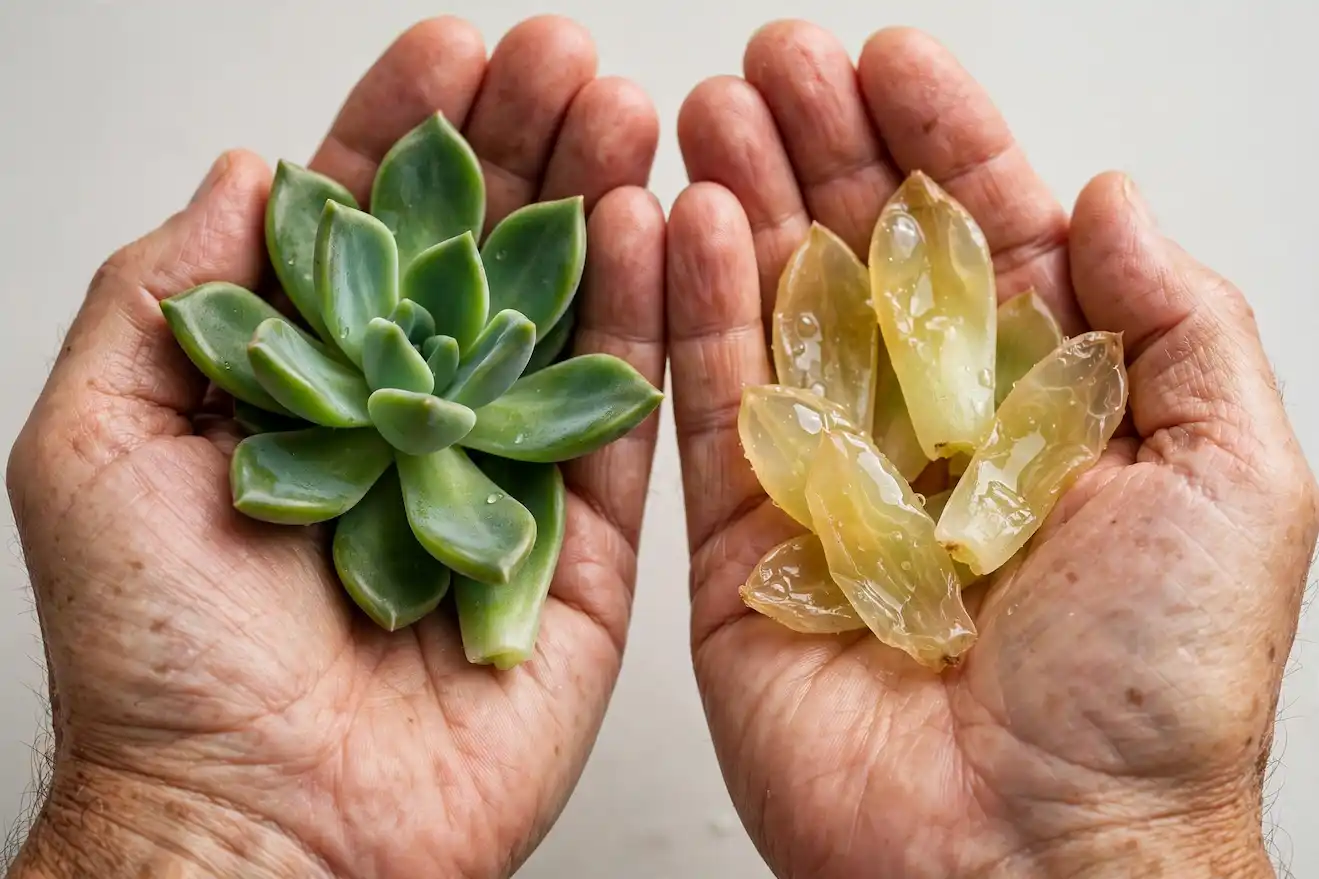 Close-up comparison in hands of a healthy firm opaque green Echeveria succulent rosette versus soft translucent yellow mushy overwatered leaves