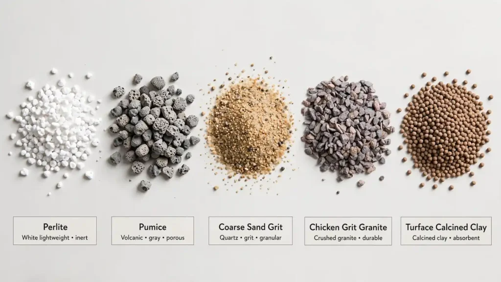 Perlite vs pumice vs coarse sand vs chicken grit vs turface calcined clay drainage comparison for succulent soil