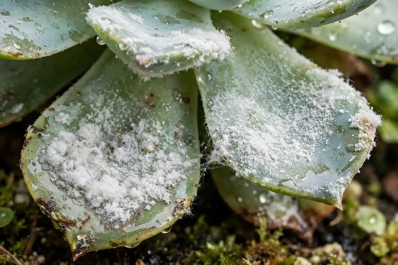 Close-up of powdery mildew on succulent leaves showing even white powdery coating in humid still air distinct from natural farina