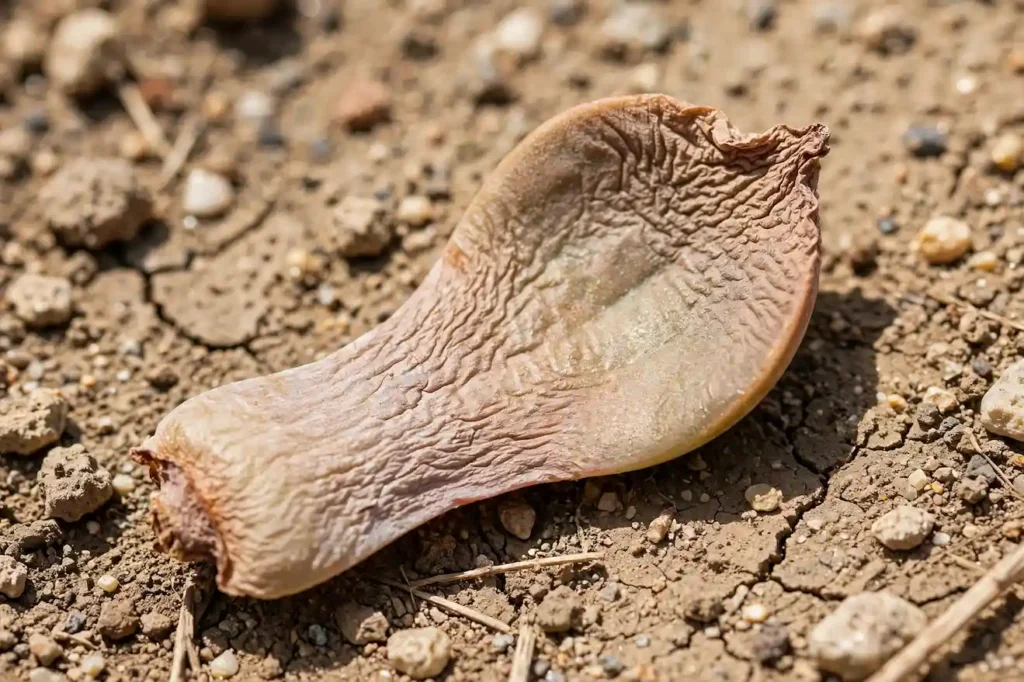 Shriveled dried out succulent leaf from dehydration during propagation - too dry or parent leaf die-off