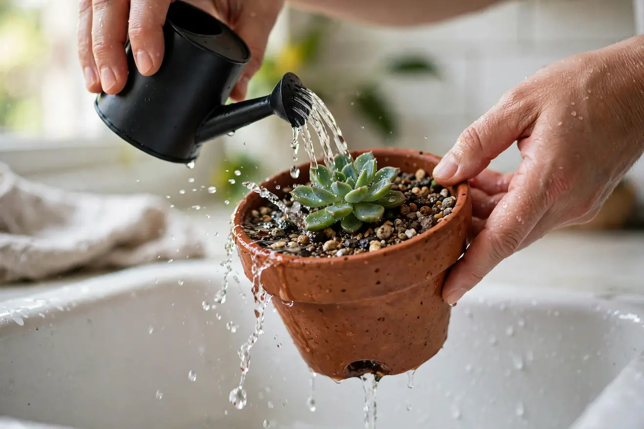 Person thoroughly watering a succulent in a terracotta pot with a small black watering can until water drains freely from the bottom hole