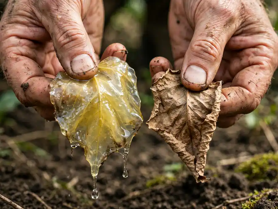 Real gardener's hands holding texture test comparison of mushy translucent yellow overwatered succulent leaf dripping water versus dry wrinkled papery leaf