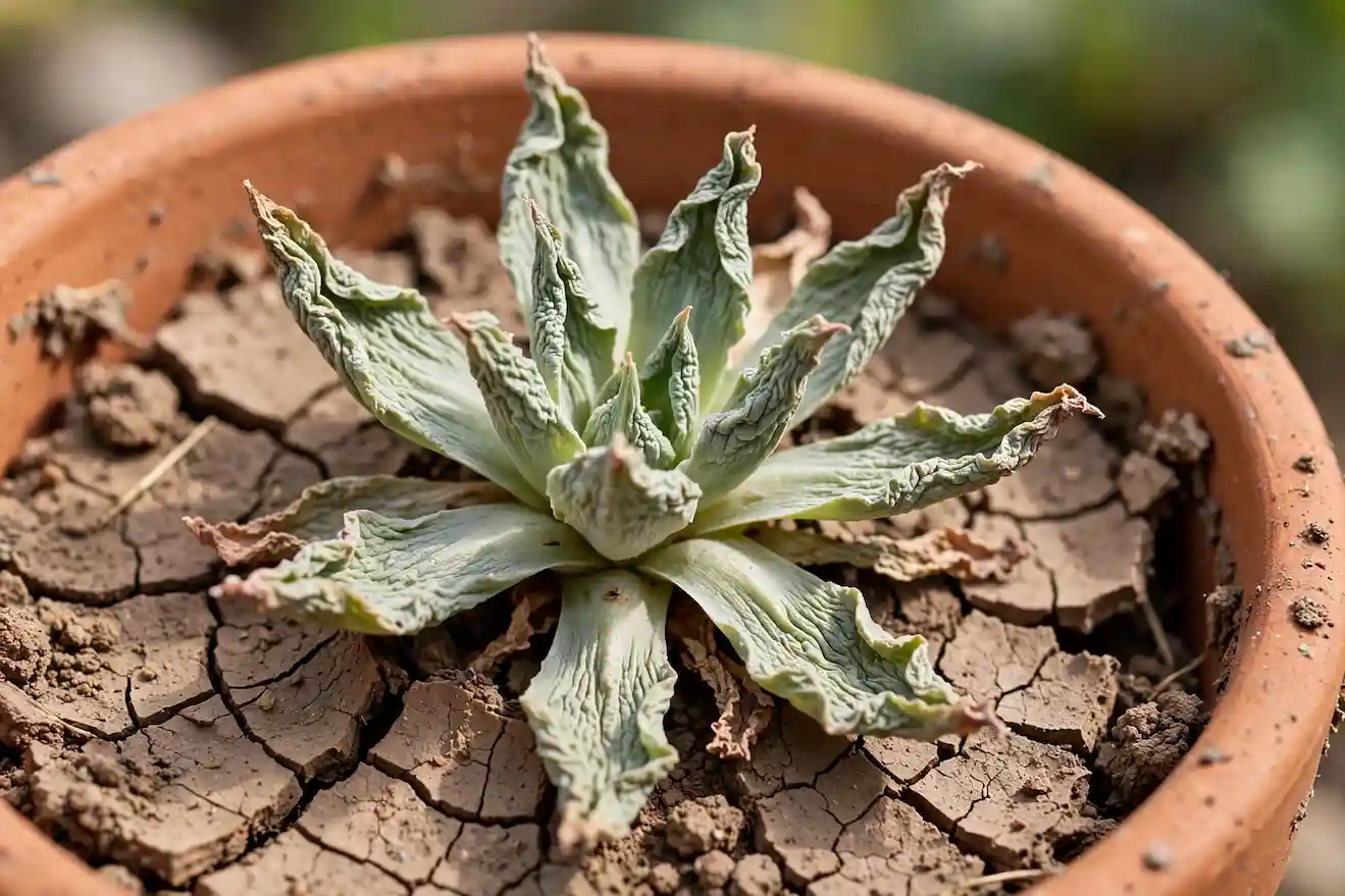 Underwatered succulent with soft wrinkled deflated leaves and bone dry cracked soil pulling away from terracotta pot edge showing thirsty easy fix