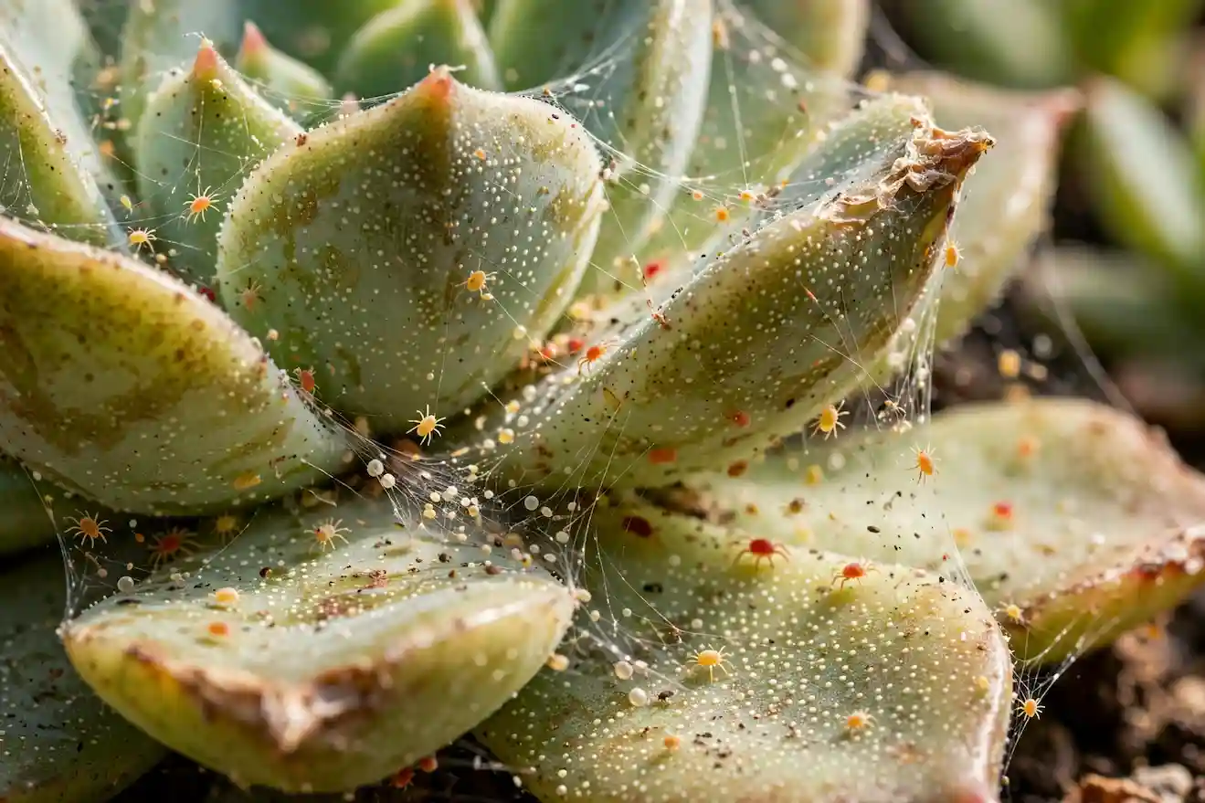 Macro of spider mites on succulent showing fine webbing between leaves and tiny moving specks on leaf surface