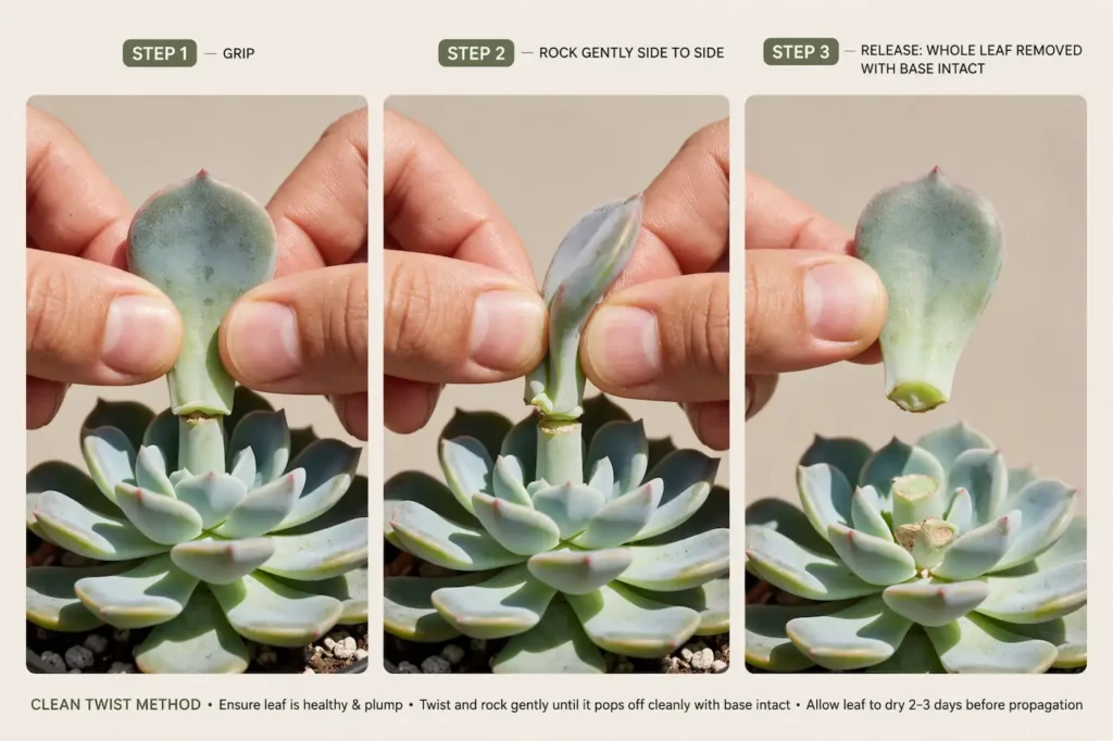 Clean twist method to remove succulent leaf - grip, rock gently side to side, release whole leaf with base intact for propagation