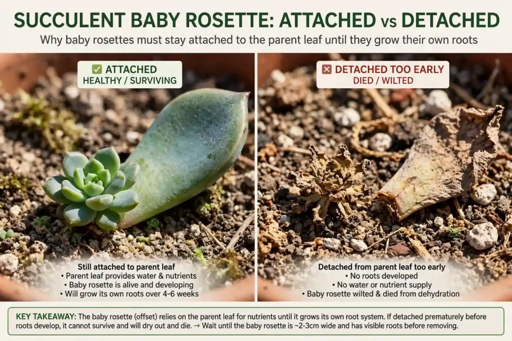Comparison of healthy succulent baby rosette still attached to parent leaf vs baby that died after detaching too early without roots