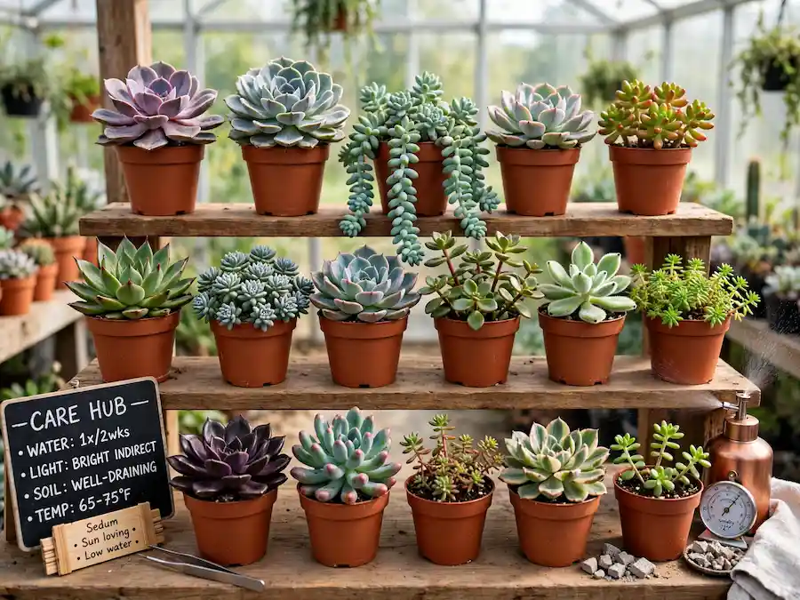 Collection of various healthy succulents in terracotta pots on wooden greenhouse shelves showing succulent care hub overview