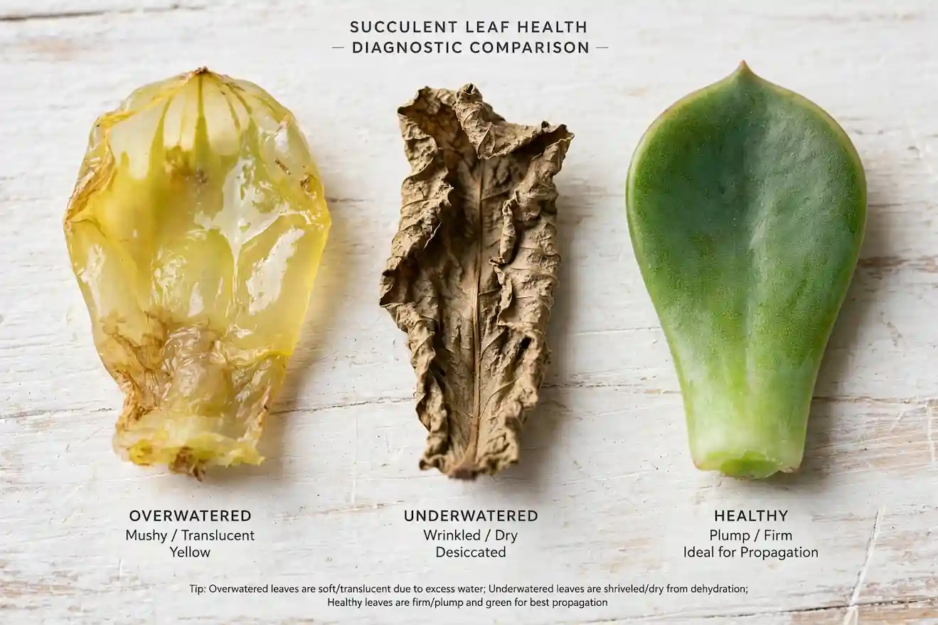 Diagnostic comparison of three succulent leaves: overwatered mushy translucent yellow leaf, underwatered wrinkled dry brown leaf, and healthy firm plump green leaf ideal for propagation