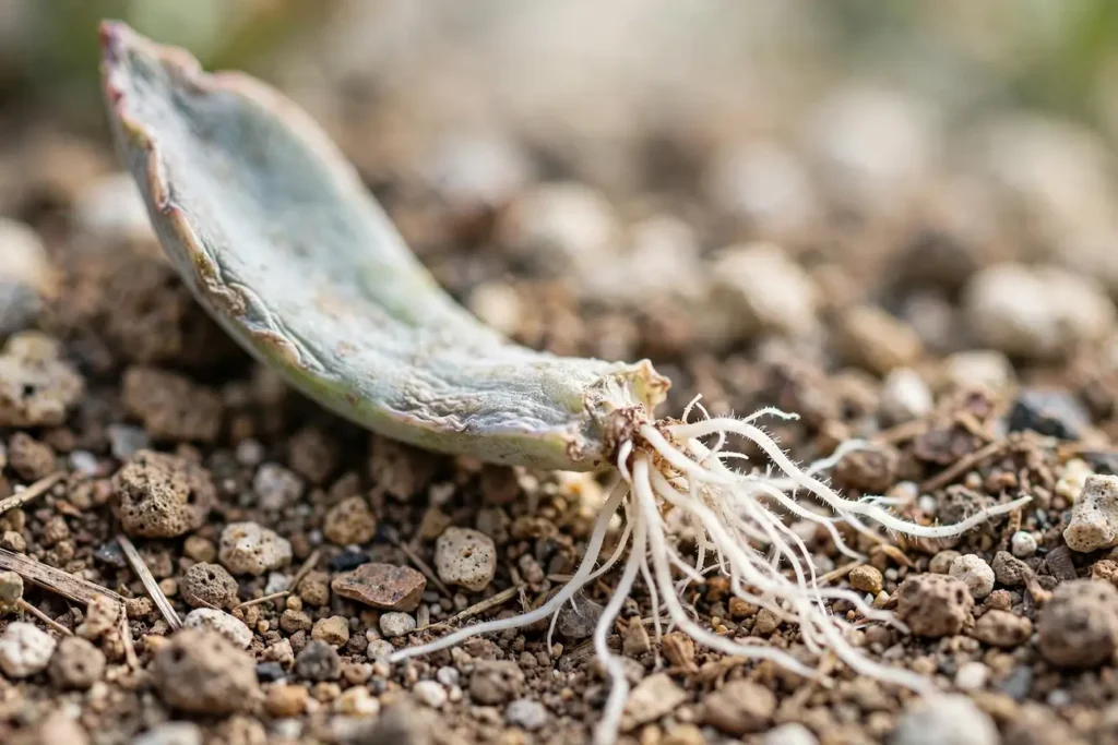Succulent leaf propagation showing healthy roots but no baby plant - the most common confusion in leaf propagation