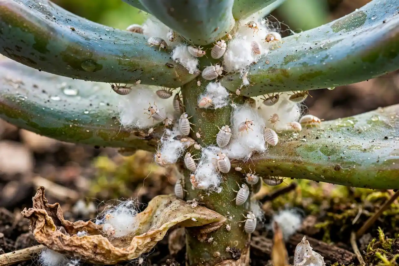 Extreme macro of mealybug infestation on succulent stem and leaf axils showing white cottony fuzzy masses and insects causing leaves to fall