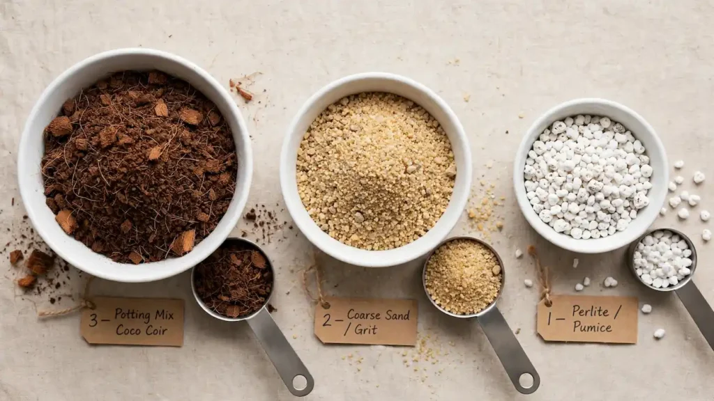 Succulent soil ingredients measured 3-2-1 ratio - 3 parts potting mix 2 parts coarse sand 1 part perlite pumice before mixing