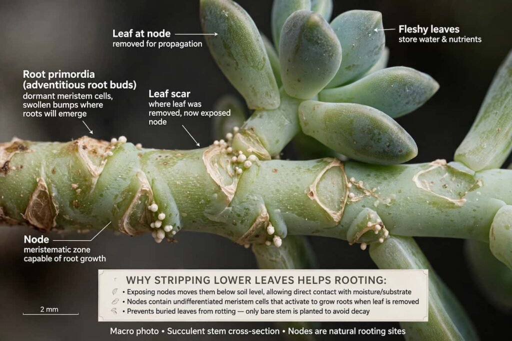 Close-up macro of leaf nodes on succulent stem where new roots emerge