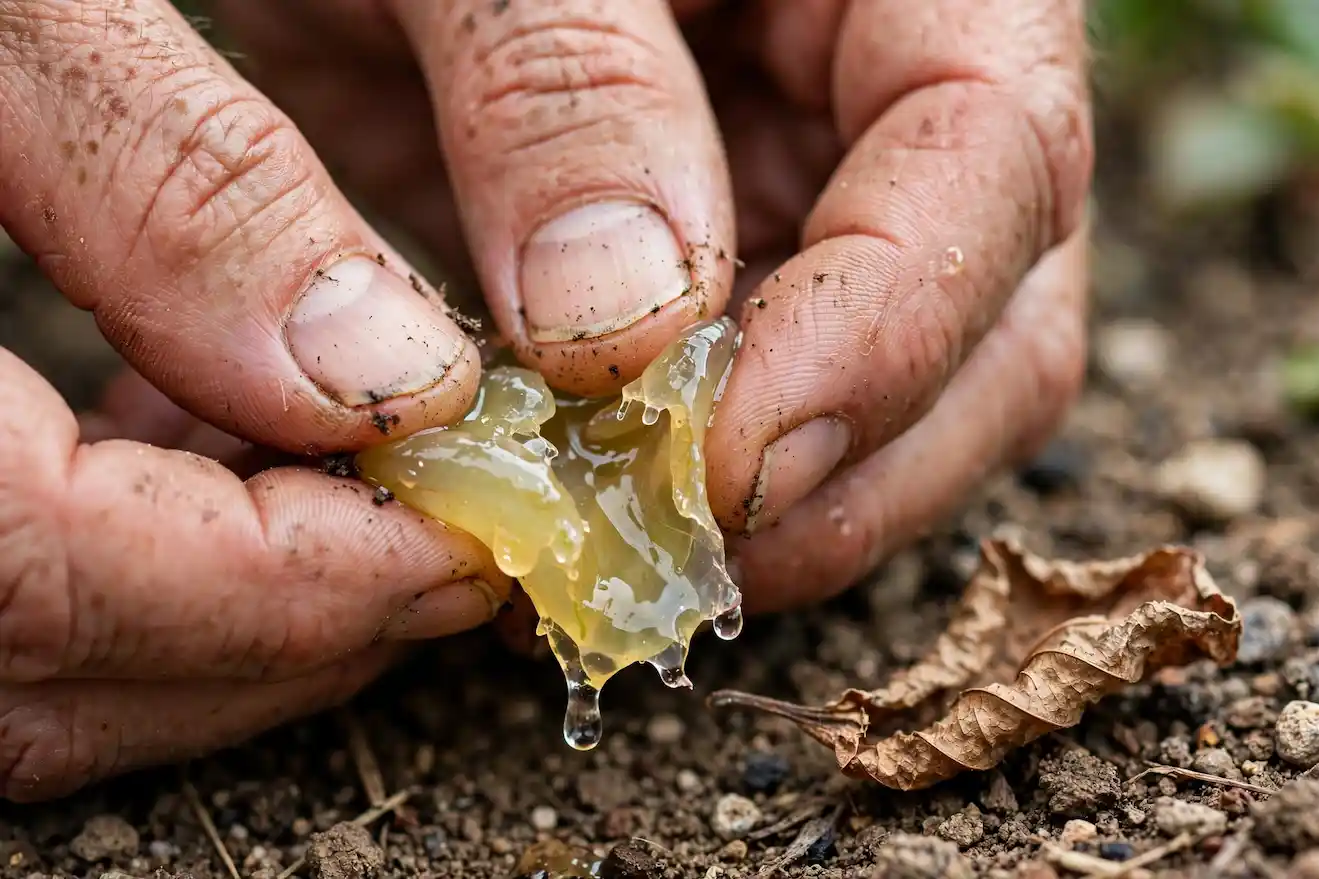 Close-up of real gardener's dirty hands squeezing a mushy translucent yellow overwatered succulent leaf dripping water with a dry wrinkled leaf on soil background - texture test for soft and mushy leaves