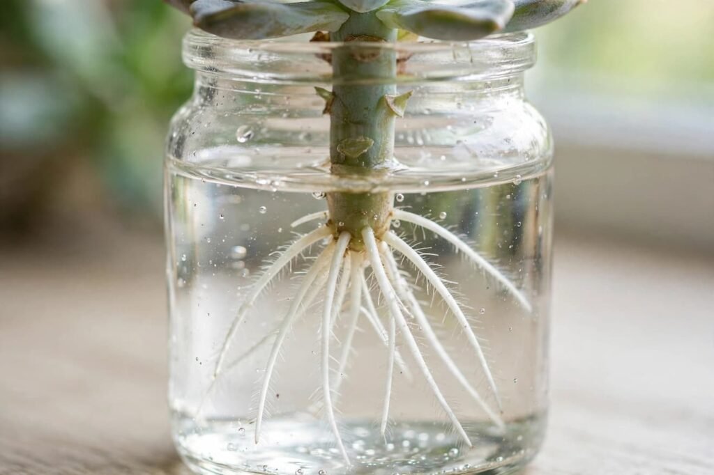 Close-up of healthy white water roots growing from succulent stem cutting in clear glass jar with distilled water