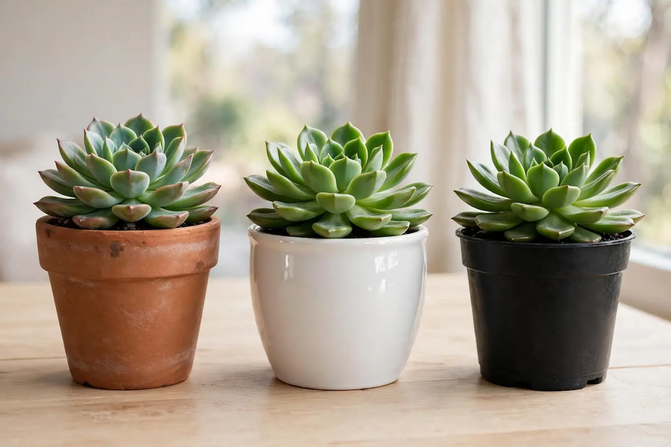 Three succulents side by side in terracotta, glazed ceramic, and plastic pots on a wooden table showing how pot material affects soil drying time