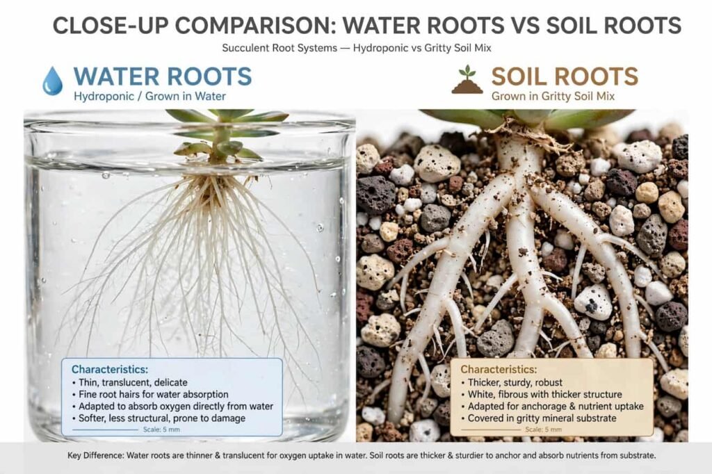 Comparison of thin translucent water roots vs thicker soil roots on succulent cutting