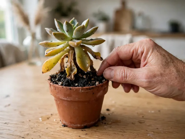 overwatered succulent with damp soil check
