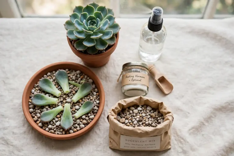 What you'll need for succulent leaf propagation - healthy Echeveria, shallow terracotta tray, gritty succulent mix, spray bottle, optional rooting hormone