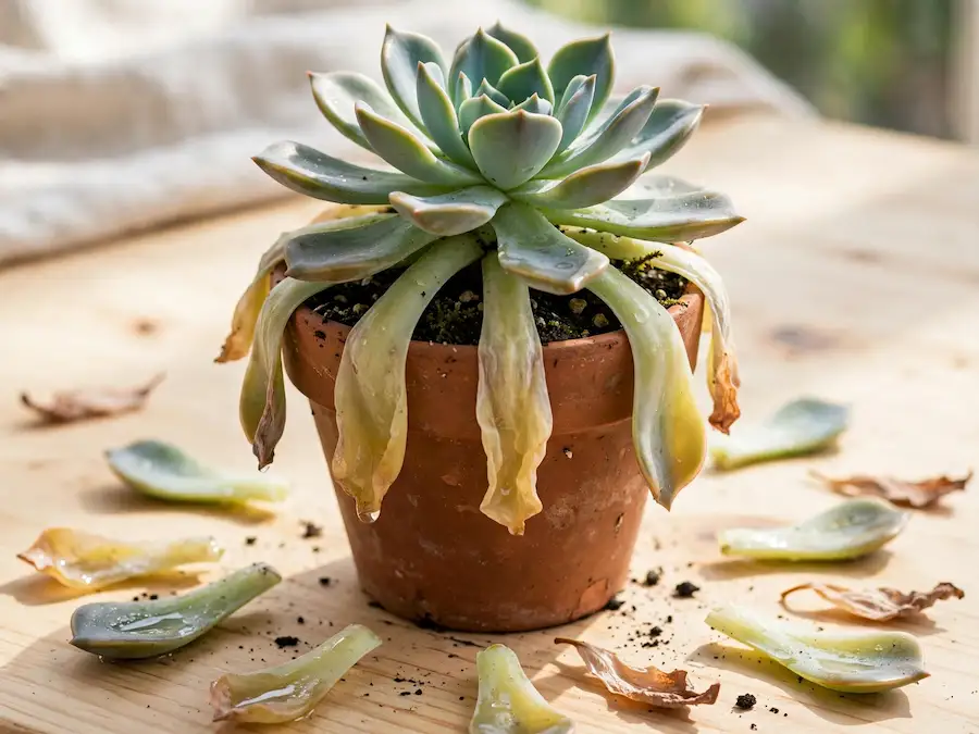 Overwatered Echeveria succulent in terracotta pot with drooping mushy yellow translucent lower leaves and fallen leaves scattered on wooden table
